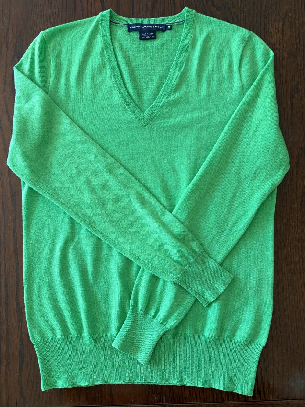 Ralph Lauren Golf V-Neck 100% Wool Green Sweater Size M